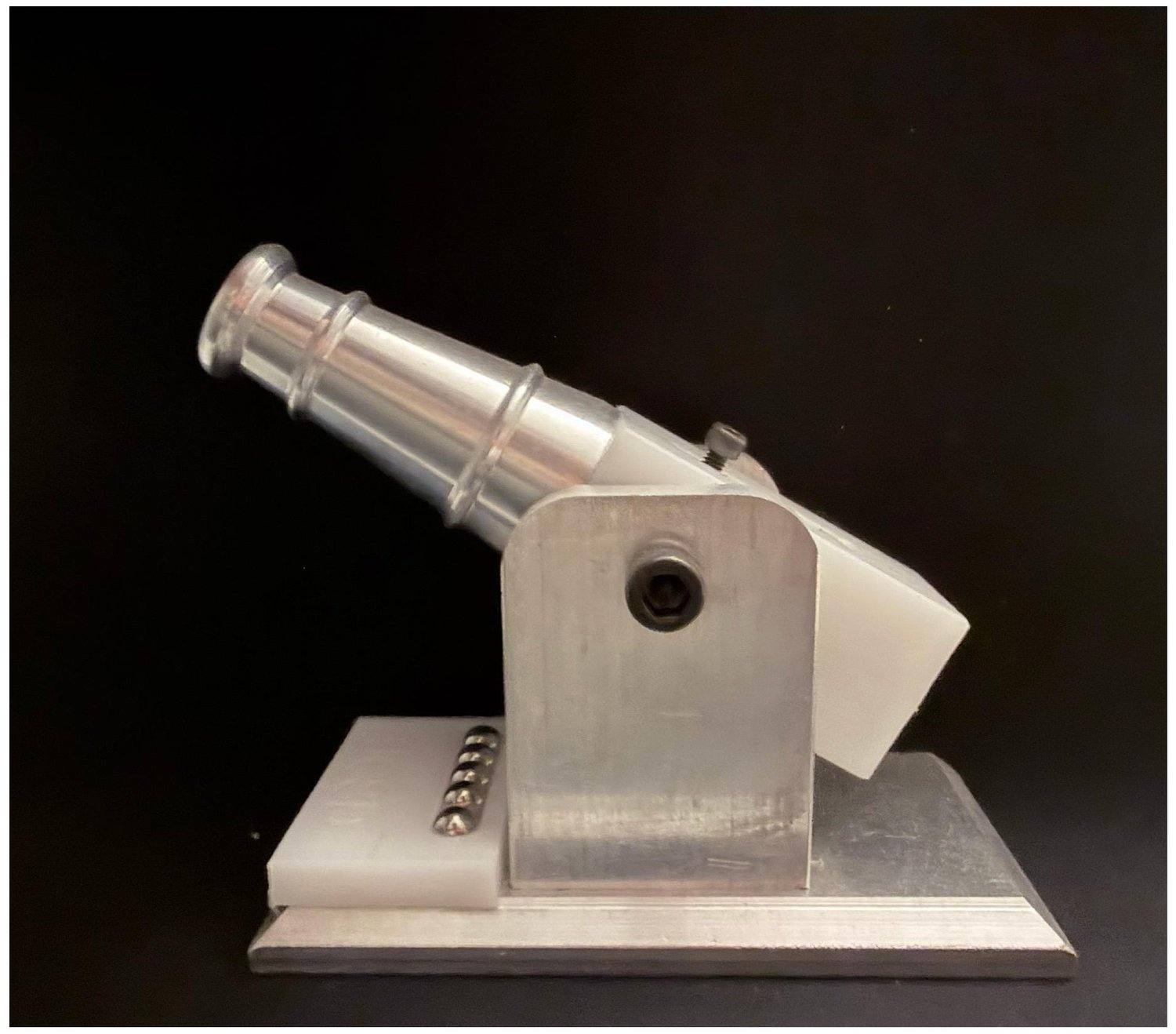 Side profile of the machined cannon on its stand
