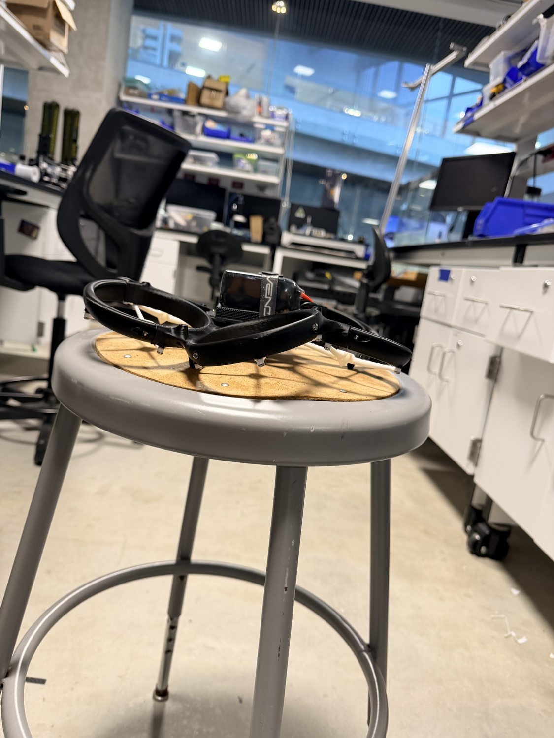 The drone on a stool in the lab during testing