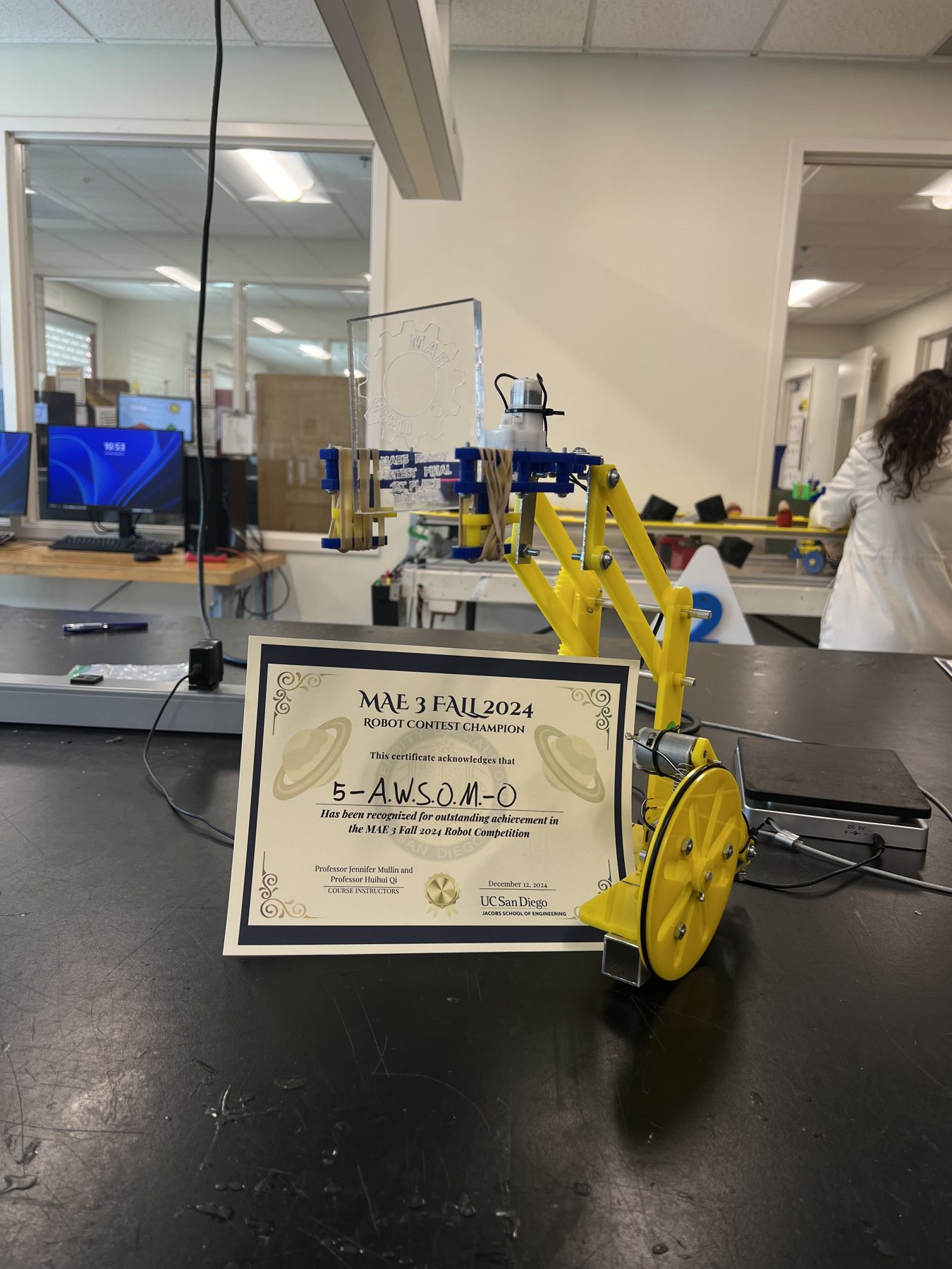 The MAE3 robot with its first-place certificate